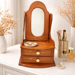 Retro Wood Desktop Vanity Mirror w/ Storage Drawers Tilting Jewelry Organizer